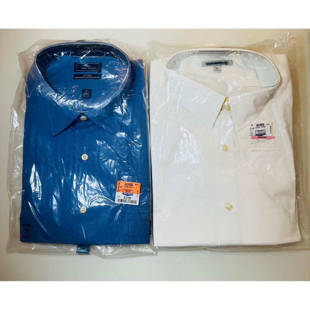 Lot of 2 Mens Dress Shirts XL 17-17.5 Dockers Blue Fitted & Express MX White NWT